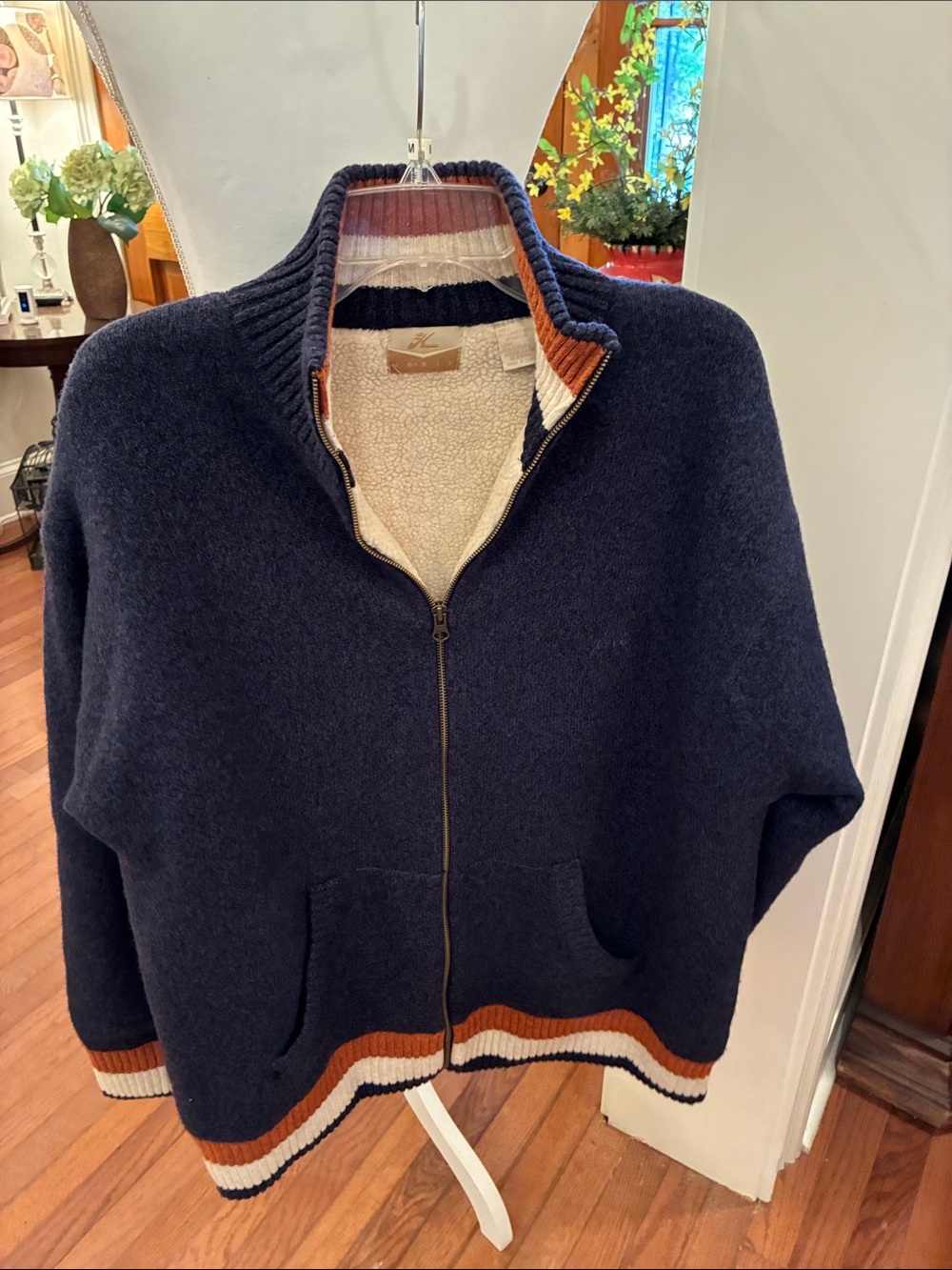 Hobie Full Zip Sweater Jacket Sherpa Lined Wool Blend Striped Band Size L